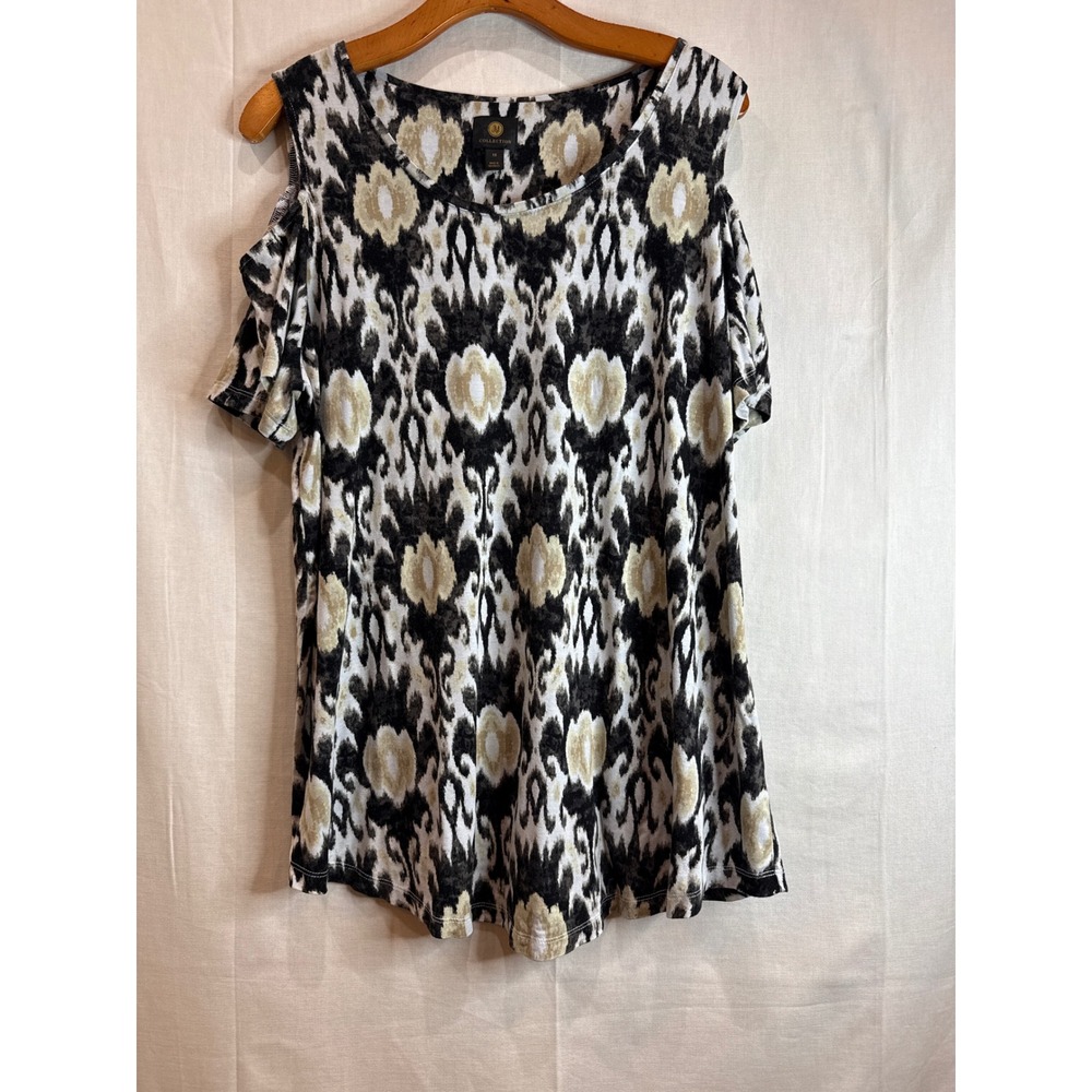 JM Collection Womens 1X Cold Shoulder Boho‎ Top Black White Tan Short Sleeve